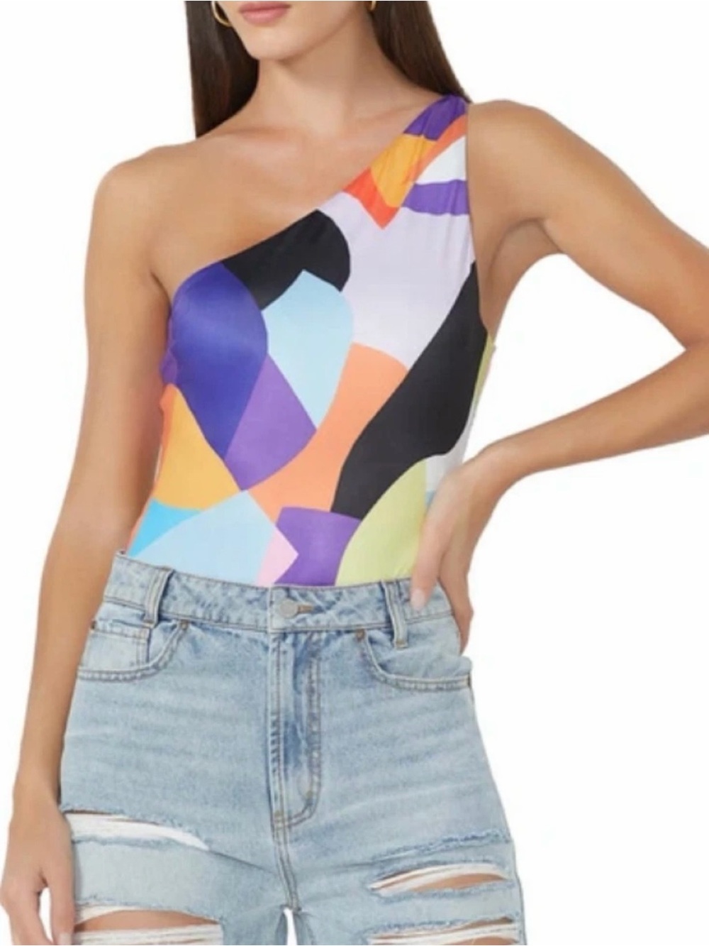 NWT AFRM ‘Aeryn’ One Shoulder Open Back Bodysuit in “Abstract Colorblock” Sz XS